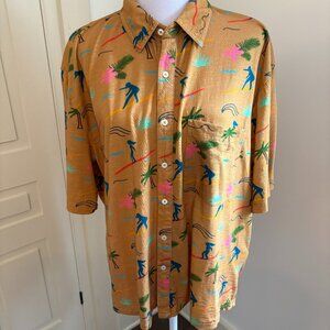 Short Sleeve, Button Front Cotton Knit Shirt in Surfer Print, Men's Size Large